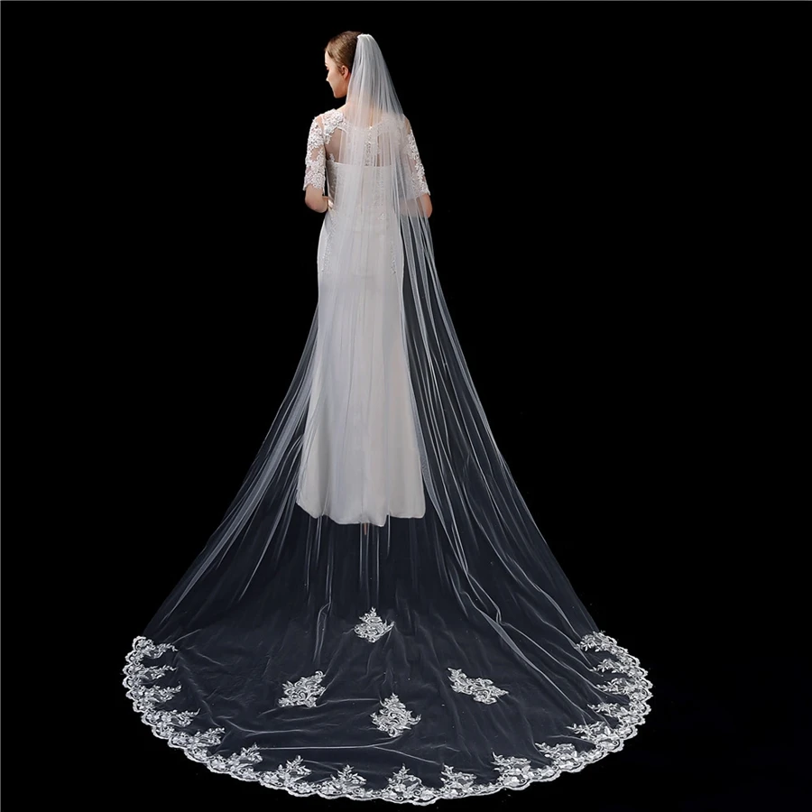 

New Arrival voile maria Cathedral Wedding veils Lace Appliqued Bridal veil Velos de novia Cheap Wedding accessories mariage