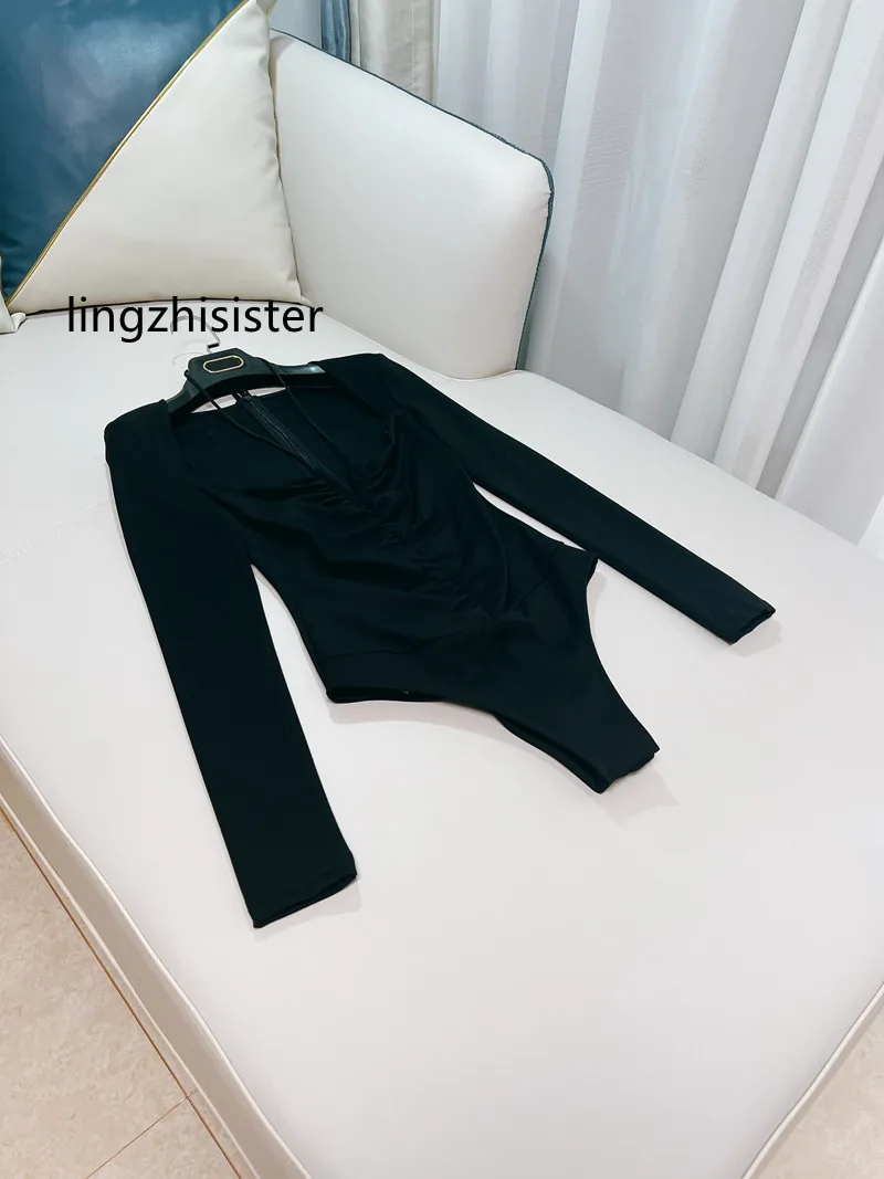 

Women Bodysuit Slim Black Tight Long Sleeve Long Sleeve Square Collar Top Female All Match Playsuit Top Quality Jumpsuit New