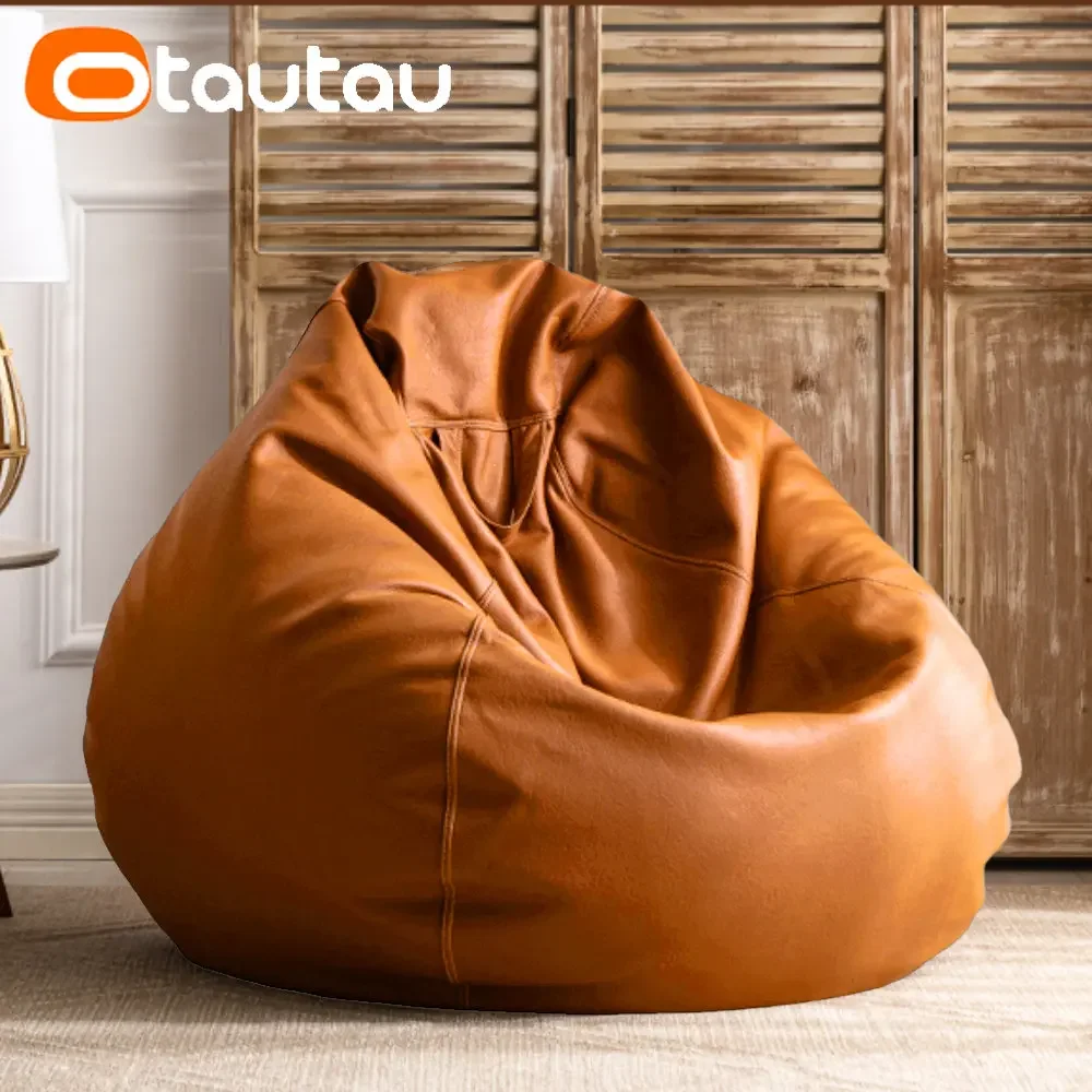 OTAUTAU 2.3/3.3ft Luxury Bean Bag Covers No Filler Faux Leather Waterproof Lazy Sofa Pouf Chair Outdoor Beanbag Couch Puff DD004