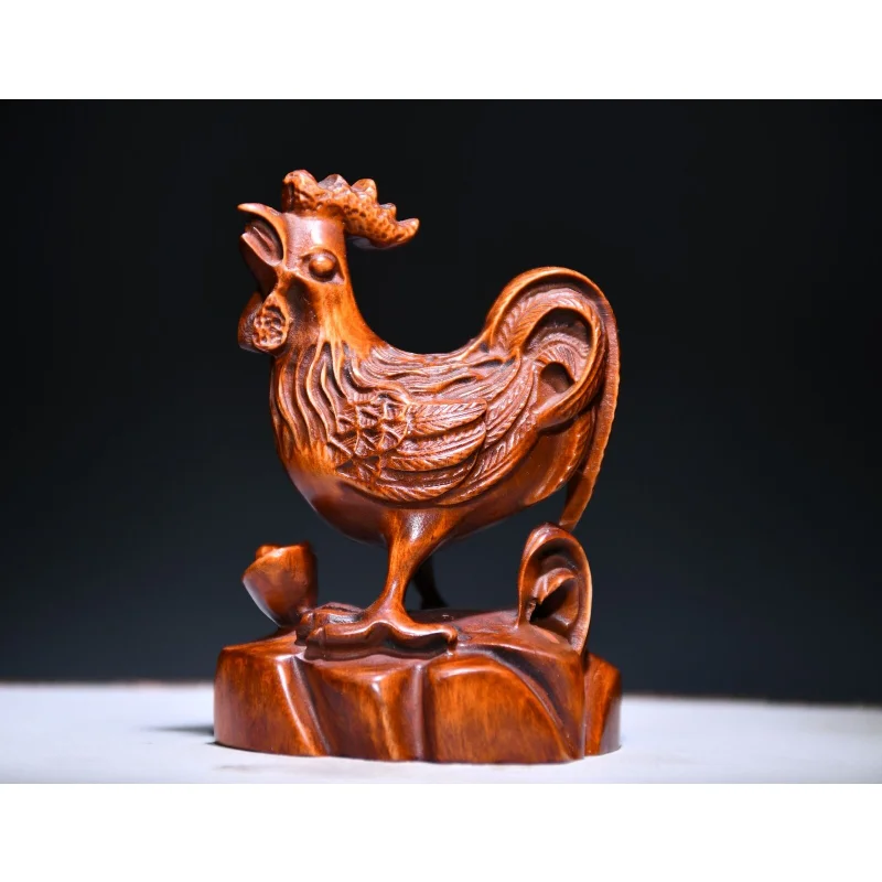 

3" Chinese Box-wood Hand Engraving Animal 12 Zodiac Chicken Yuanbao Statue Craft Gift Decoration Home Decore
