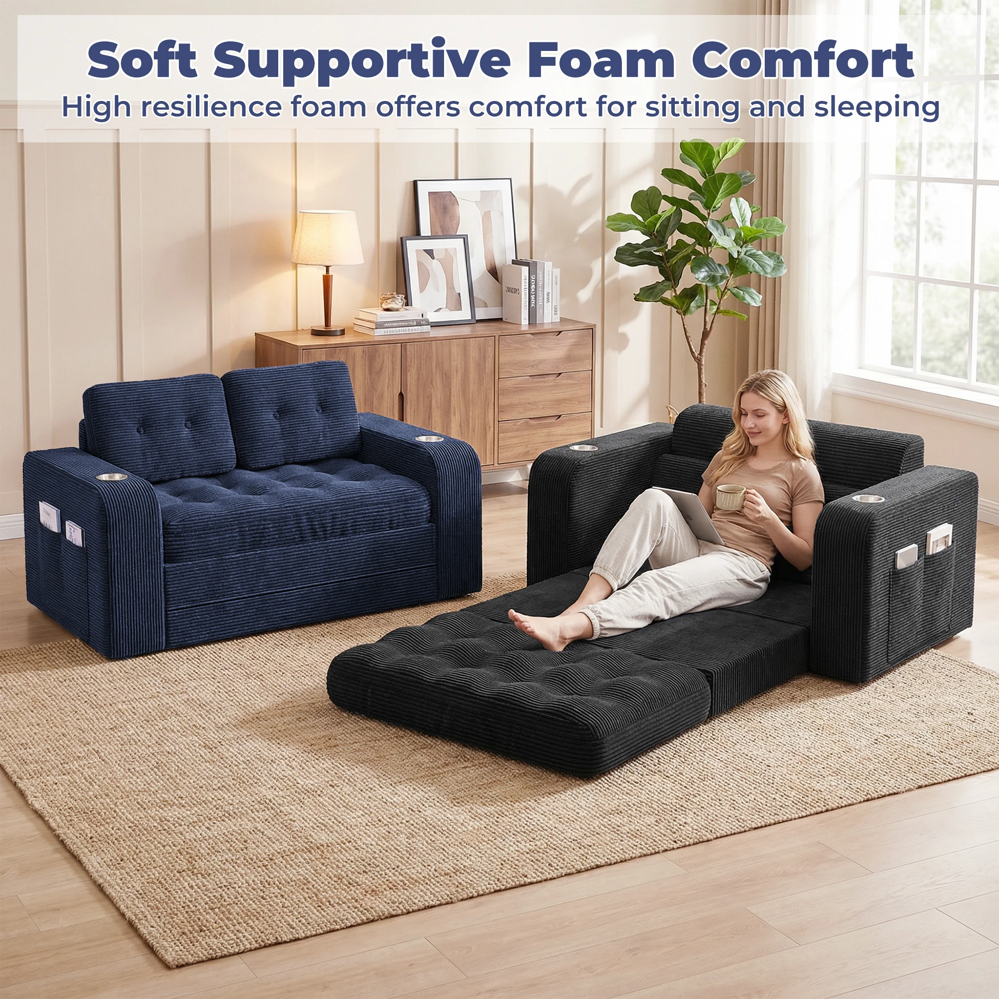 55-inch Convertible Sofa, Extra-Large Corduroy Floor Sofa, Frameless ...