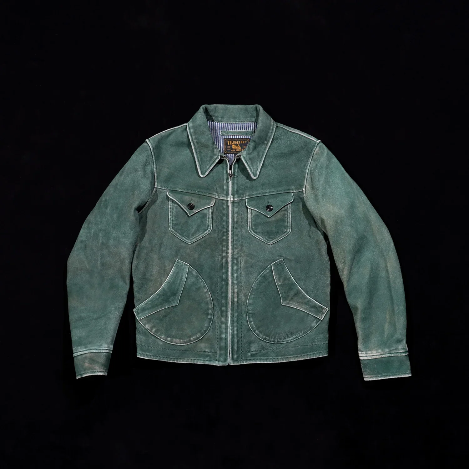 

American Retro Mendoza Made Old Suede Leather Jacket Men's Khaki Motorcycle Moon Pocket Khaki RL Style