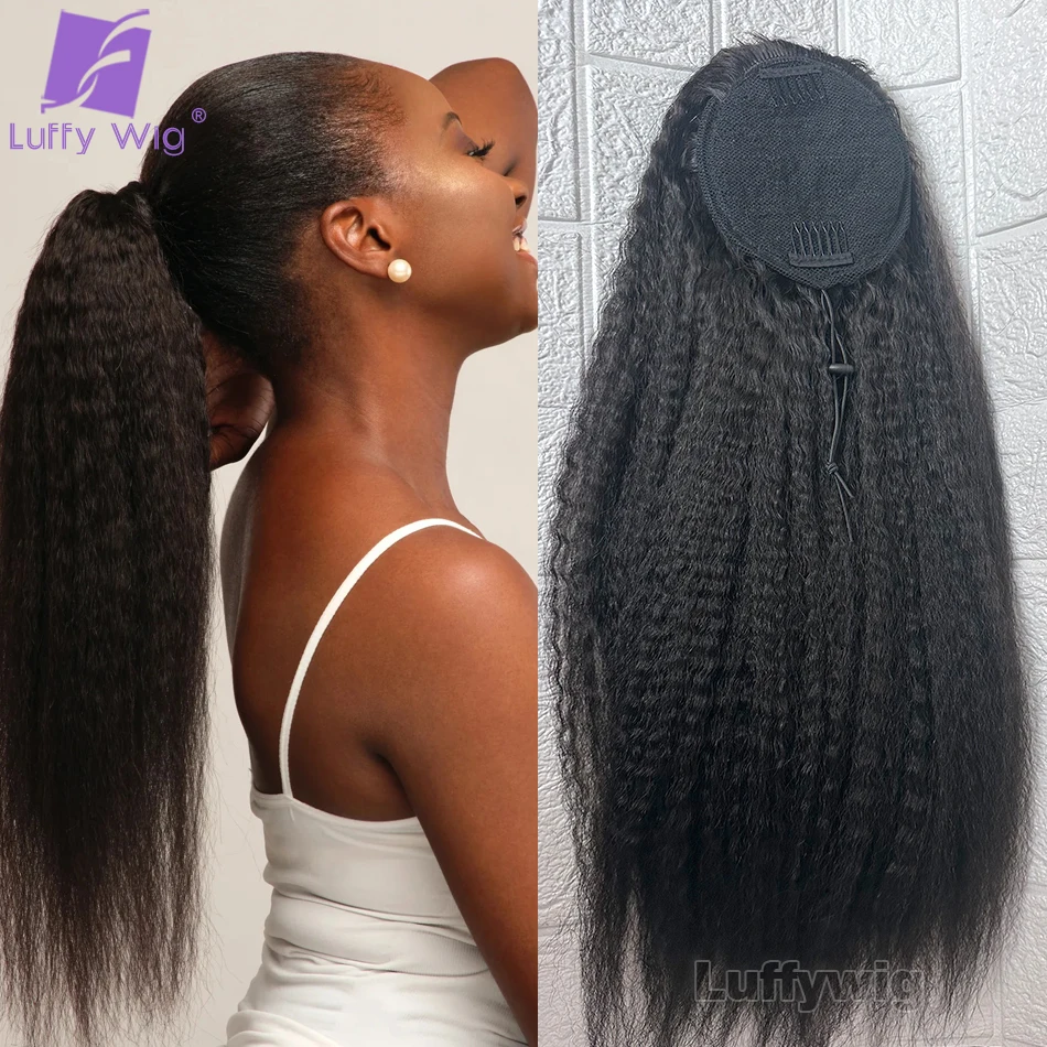 

Double Drawn Kinky Straight Ponytail Drawstring Human Hair Italian Yaki Straight Ponytail Clip in Hair Extension for Black Women