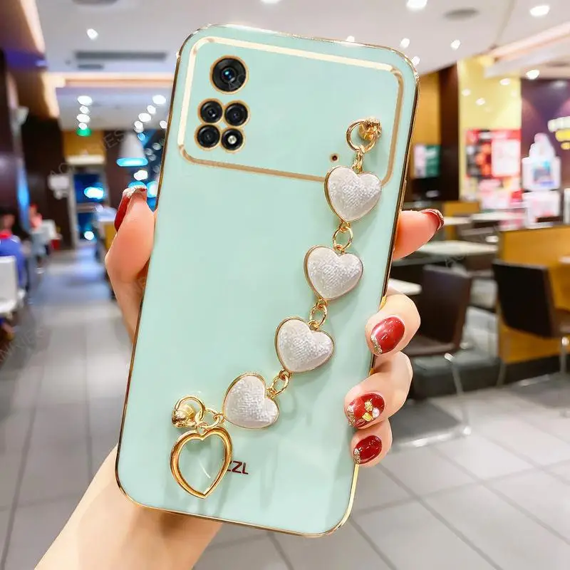 Luxury Plating Love Heart Wrist Chain Silicone Case - Pocox4 Series