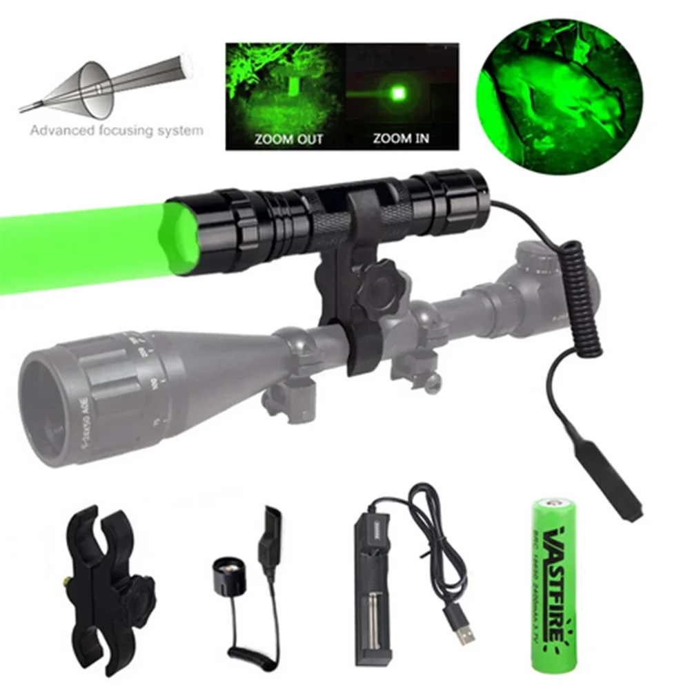 

Tactical Hunting Flashlight Green LED Torch 5 Modes Type-C Fast Charging Zoomable Lantern Power by 18650 Battery for Camping