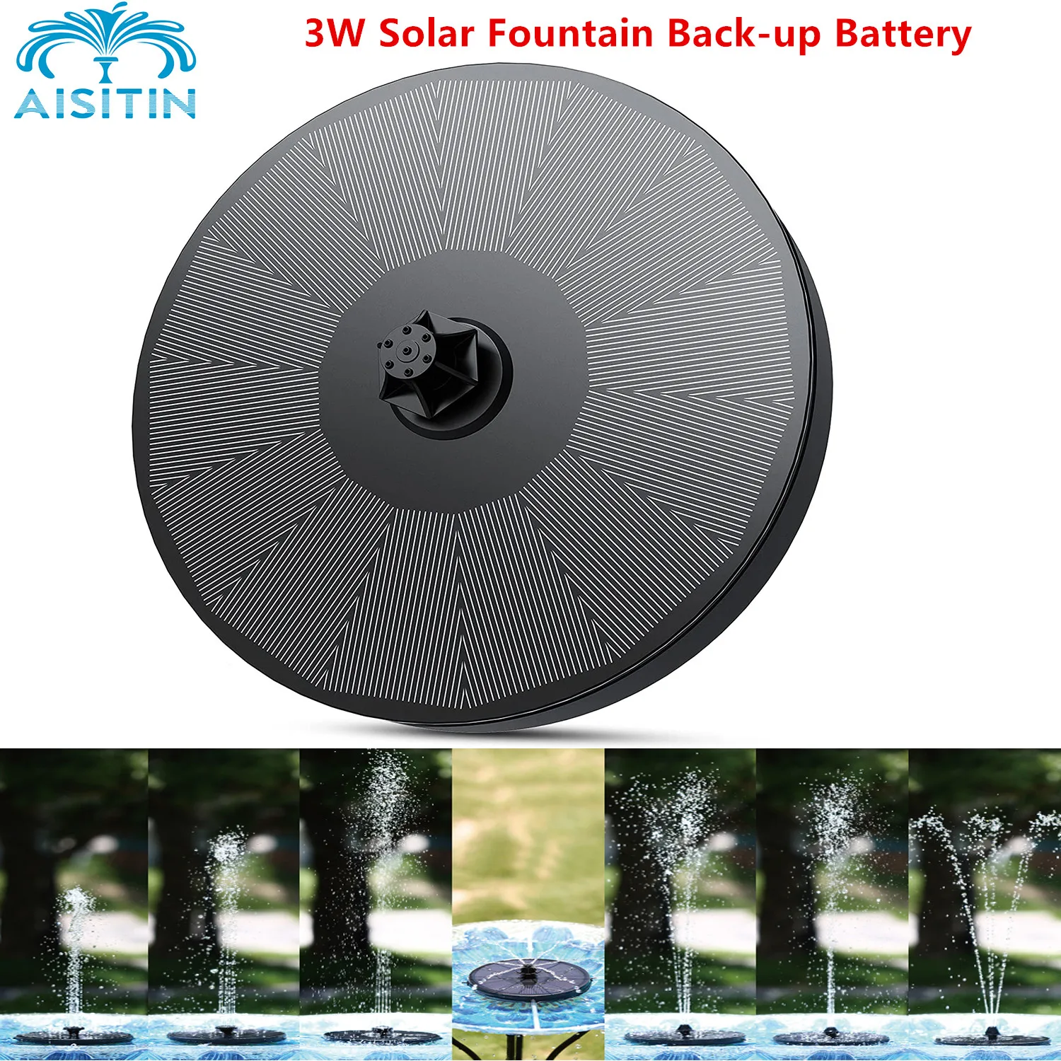 Solar Powered Water Fountain Pump with 4 Fixed Sticks AISITIN 3W Solar Fountain Pump with Back-up Battery Solar Water Pump Floating Fountain Equipped 7 Nozzles for Bird Bath and Outdoor Pond Garden 