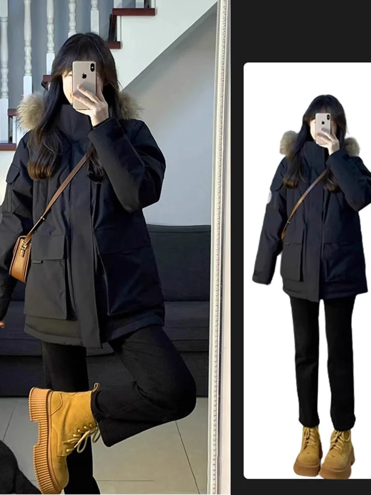 

Pai Overcomes Women's Winter New Black Cotton Jacket with Plush and Thickened Cotton Coat