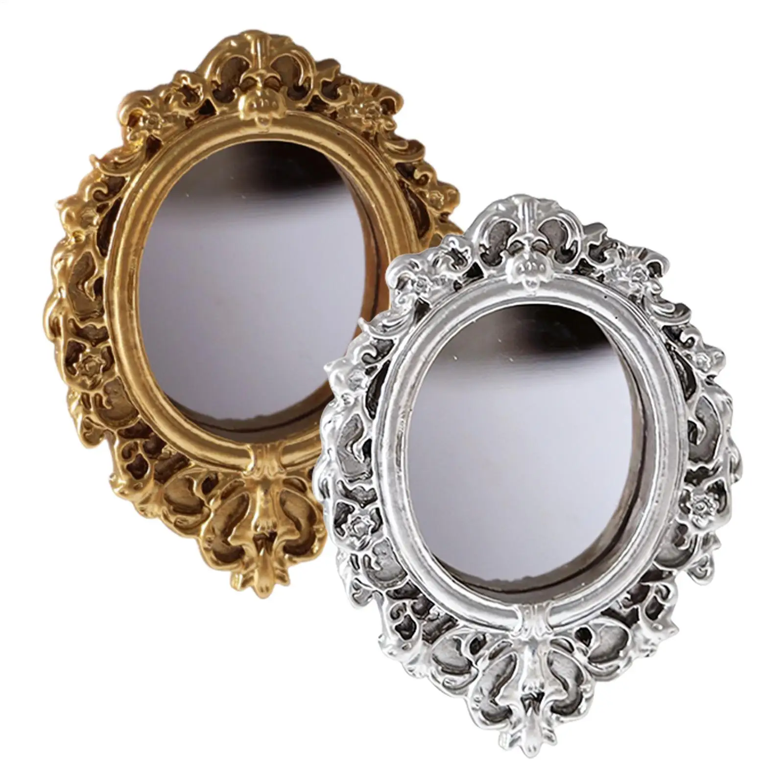 DIY 라운드 인형 집 장식품 미니어처 레트로 거울 1:12 스케일 인형 액세서리 Gloden Frames 소박한 수지 미적 방 장식