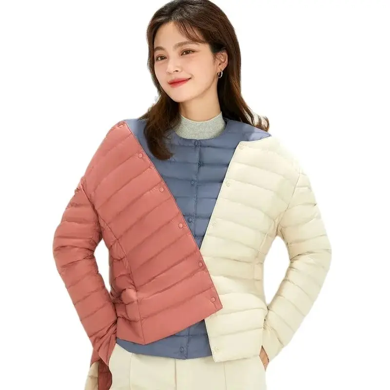 

New 90 White Duck Down Lightweight Round Neck Down Jacket Women's V-neck Warm Lining Large Autumn Winter Coat Women's Collarless
