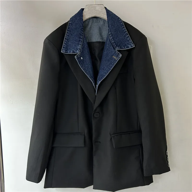 

Korean Vintage Cowboy Lapel Stitching Fake Two Pieces Black Blazers Spring Autumn Casual Notched Collar Long Sleeve Suit Jacket