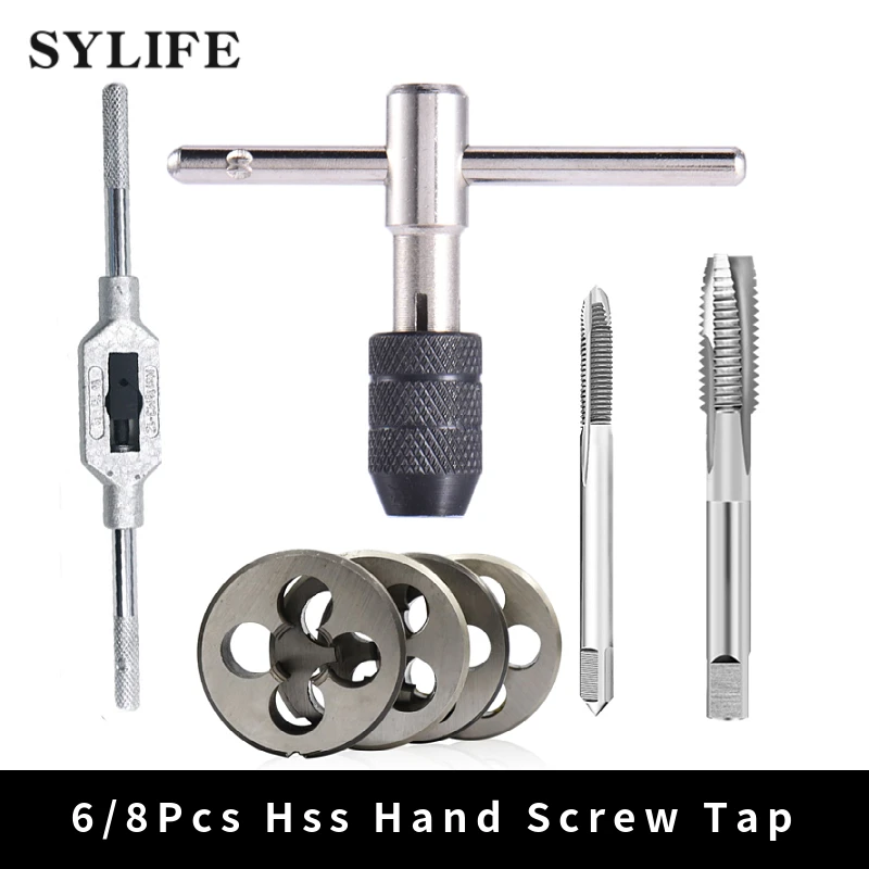 

6/8Pcs Hss Hand Screw Tap Die Wrench Schroefdraad Metric Plug Tap M3 M4 M5 M6 m8 M8 M12 Met Verstelbare Tap Wrench 1/16-1/2"