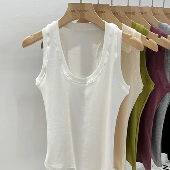 قميص نسائي صيفي أساسي مرن موديل 2025 قميص قصير مضلع برقبة دائرية منخفضة الصلبة على الطراز الكوري خزانات كاميس ضيقة متعددة الاستخدامات 5