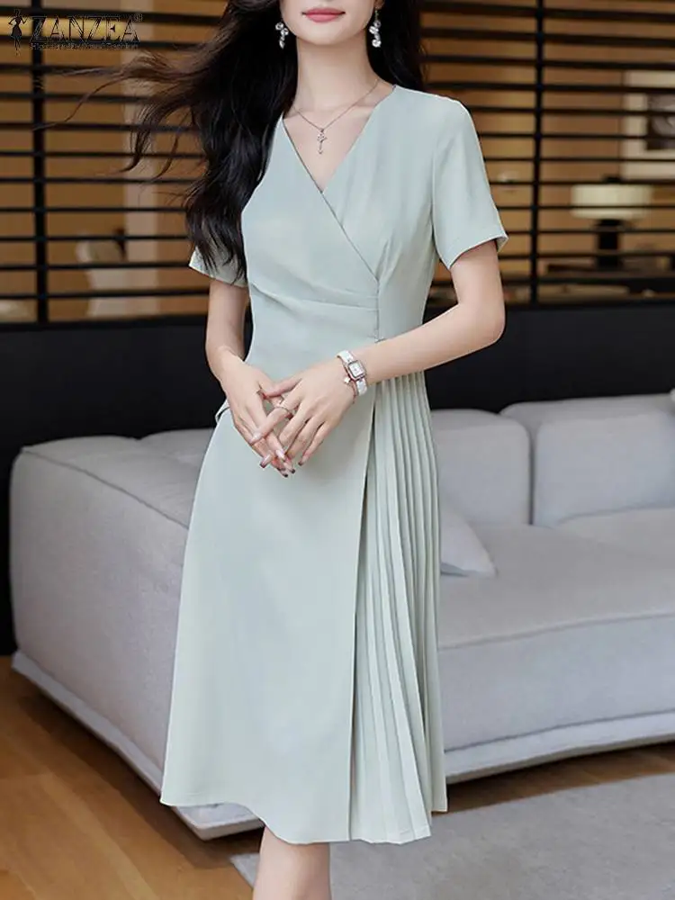 

ZANZEA Elegant A Line Pleated Dress Summer Women Fashion Solid Work OL Sundress V Neck Short Sleeve Robe Mid-calf Party Vestidos