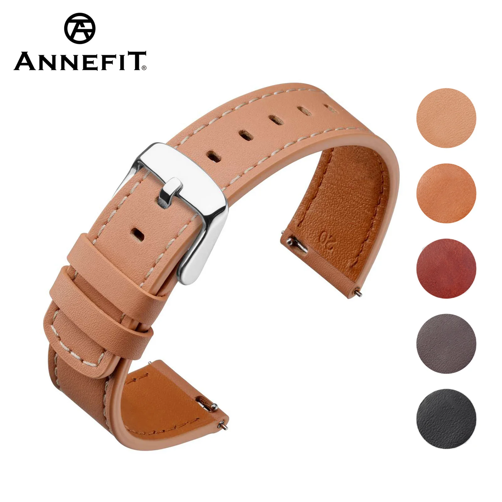 

ANNEFIT Genuine Leather Watch Band 18mm 19mm 20mm 21mm 22mm Quick Release Replacement Watchband Strap Stainless Steel Buckle