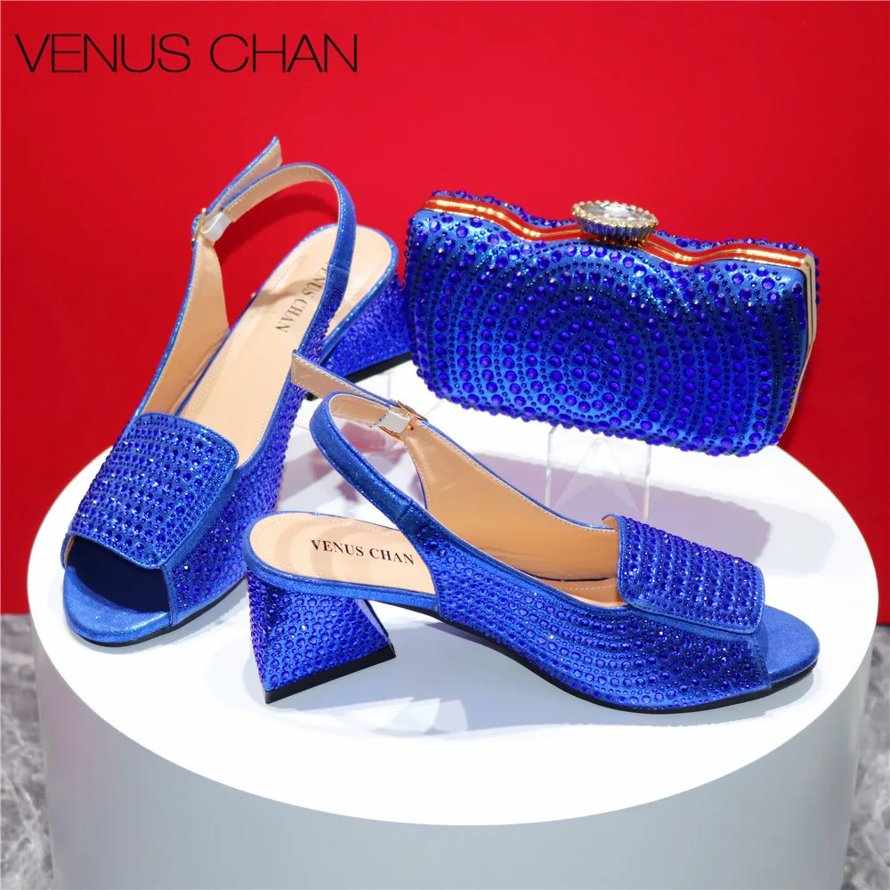 

Hot Selling Royal Blue Ladies Peep Toe with Crystal High Quality Design Sandal with Bag Set For Women Wedding Party Pump