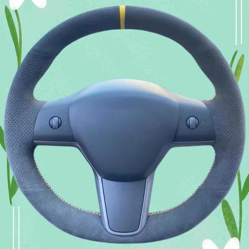 Coprivolante per auto cucito a mano in pelle scamosciata antiscivolo per Tesla Model 3 2015-2021 Model Y 2019-2021 Accessori interni auto