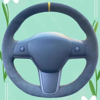 Coprivolante per auto cucito a mano in pelle scamosciata antiscivolo per Tesla Model 3 2015-2021 Model Y 2019-2021 Accessori interni auto