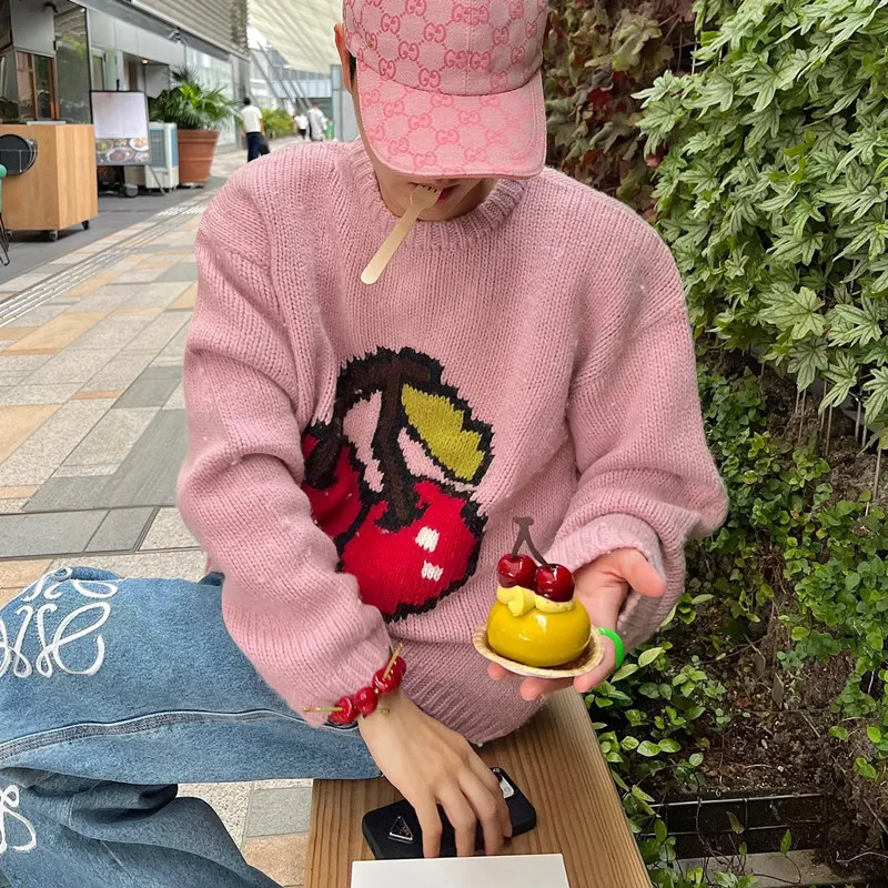 

Legacy Knitwear Cherry Wool Blend Pink Fashionable Casual Soft Cozy Crew Neck Trendy Sweater Unisex Luxury Brand High Quality