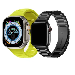 Sleek Stainless Steel & Silicone Smartwatch Strap - 2-Pack Bracelet Combo for 42-44-45-49-S10 46mm (Fluorescent-Black)