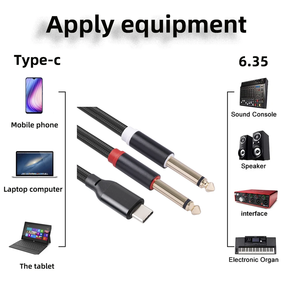 1/2/3M USB C To 1/4inch Audio Cable Type C To Dual 6.35mm 1/4 Inch TS Audio Cord for Smartphone Tablet Laptop