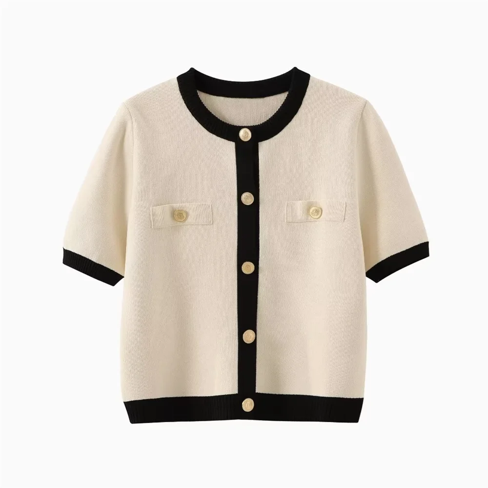 Spring New Women's Fashion and Elegance Slim Fit Versatile Knitted Spliced Short sleeved Coat