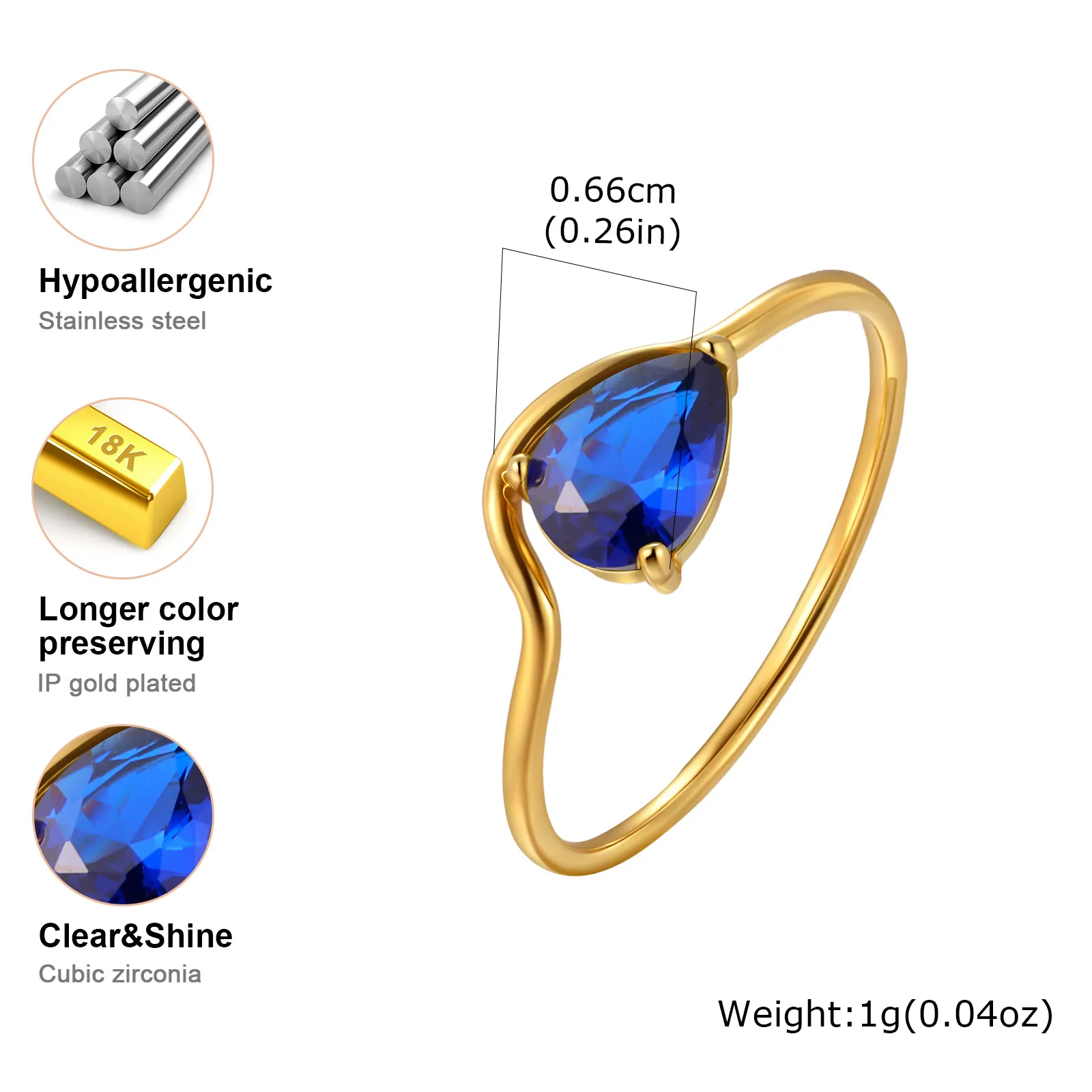 Luxuriöser funkelnder wassertropfenförmiger kubischer Zirkonring, 18 Karat vergoldeter wasserdichter Edelstahl, Fingerschmuck, Geschenke, Größe 5–9 – Detail 9