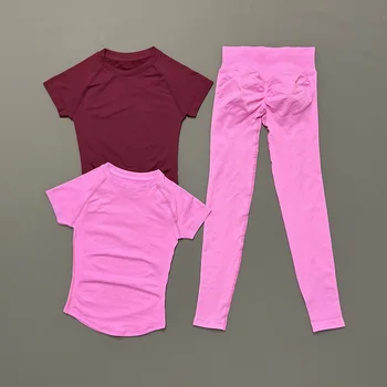 2Pcs HISTELLO Trendy Sports Fitness Women Gym Sets Short Sleeve Tops Long Pants Stretchy Breathable Running Jogging Sportswear