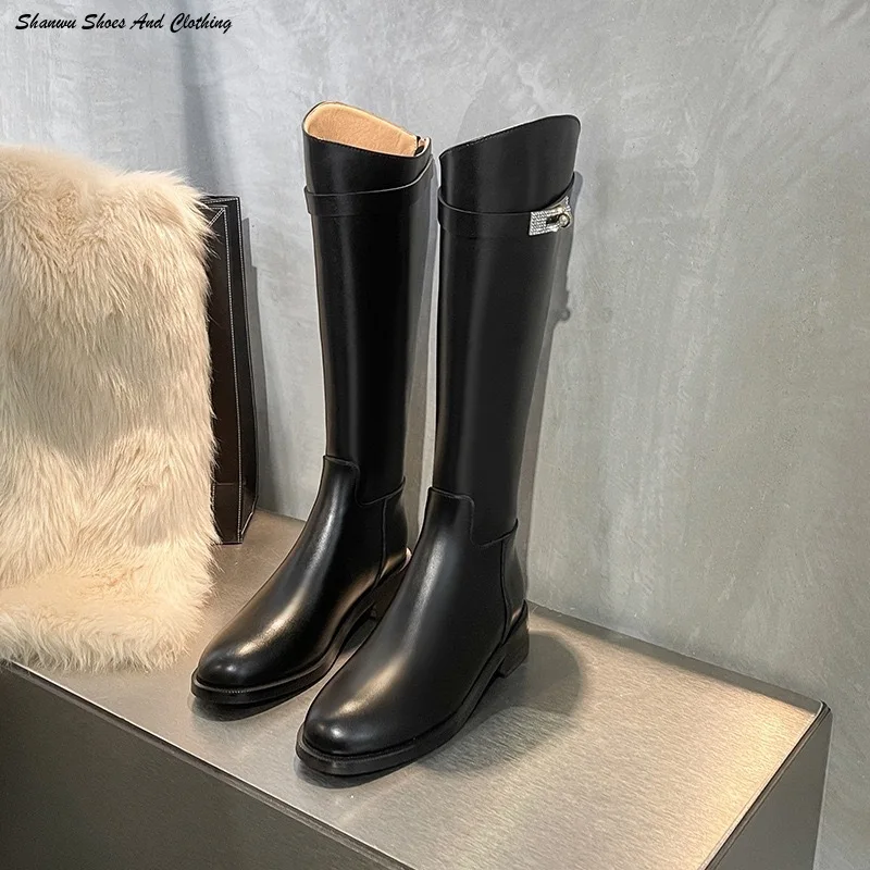 

Shoes with slanted mouth k lock buckle zipper strap thick heel genuine leather leg knight women's womens high autumn black boots