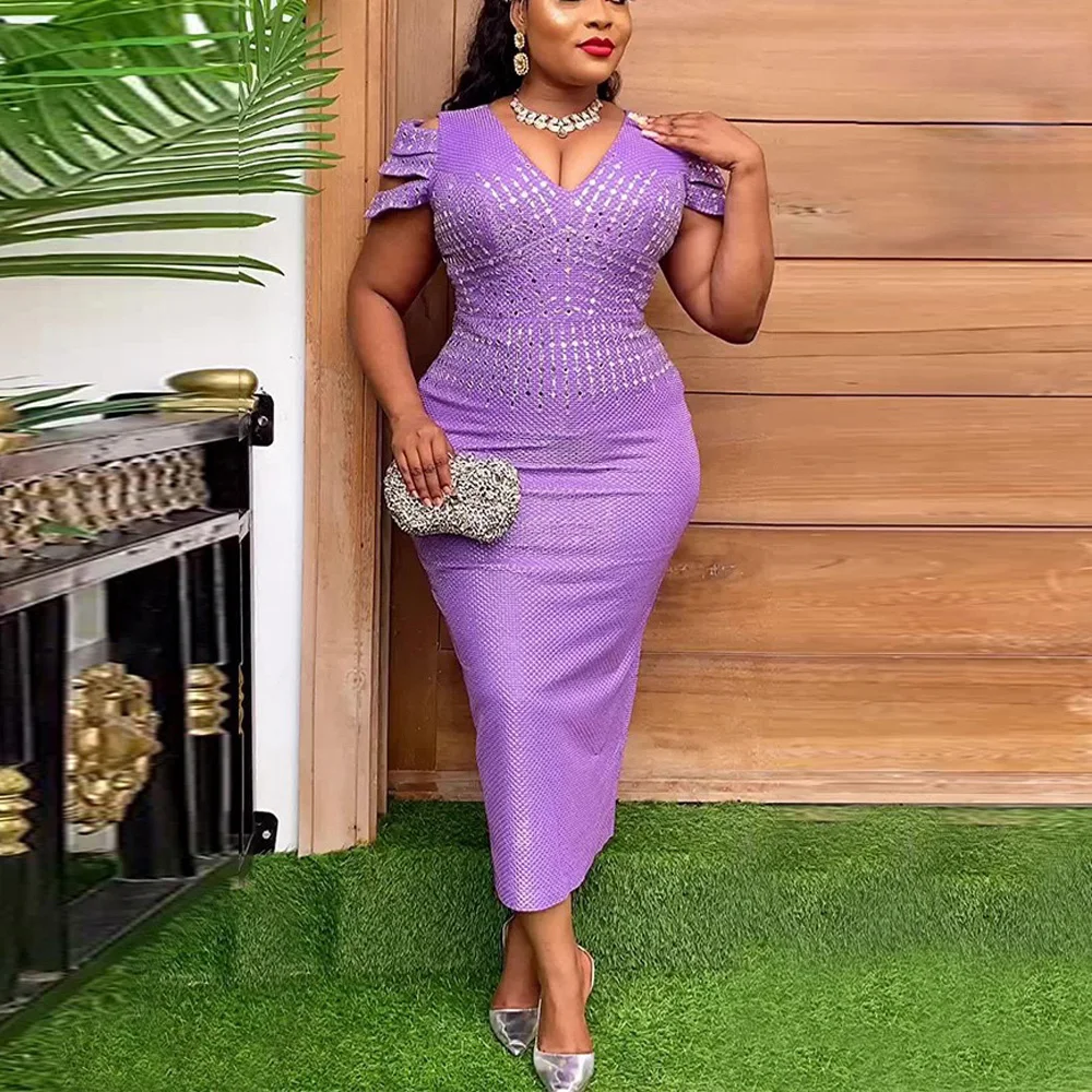 

Luxury Dresses for Women V Neck Short Sleeve Diamond Sheath Package Hips Mid Calf Elegant Birthday Party Dinner Vestidos Mujer