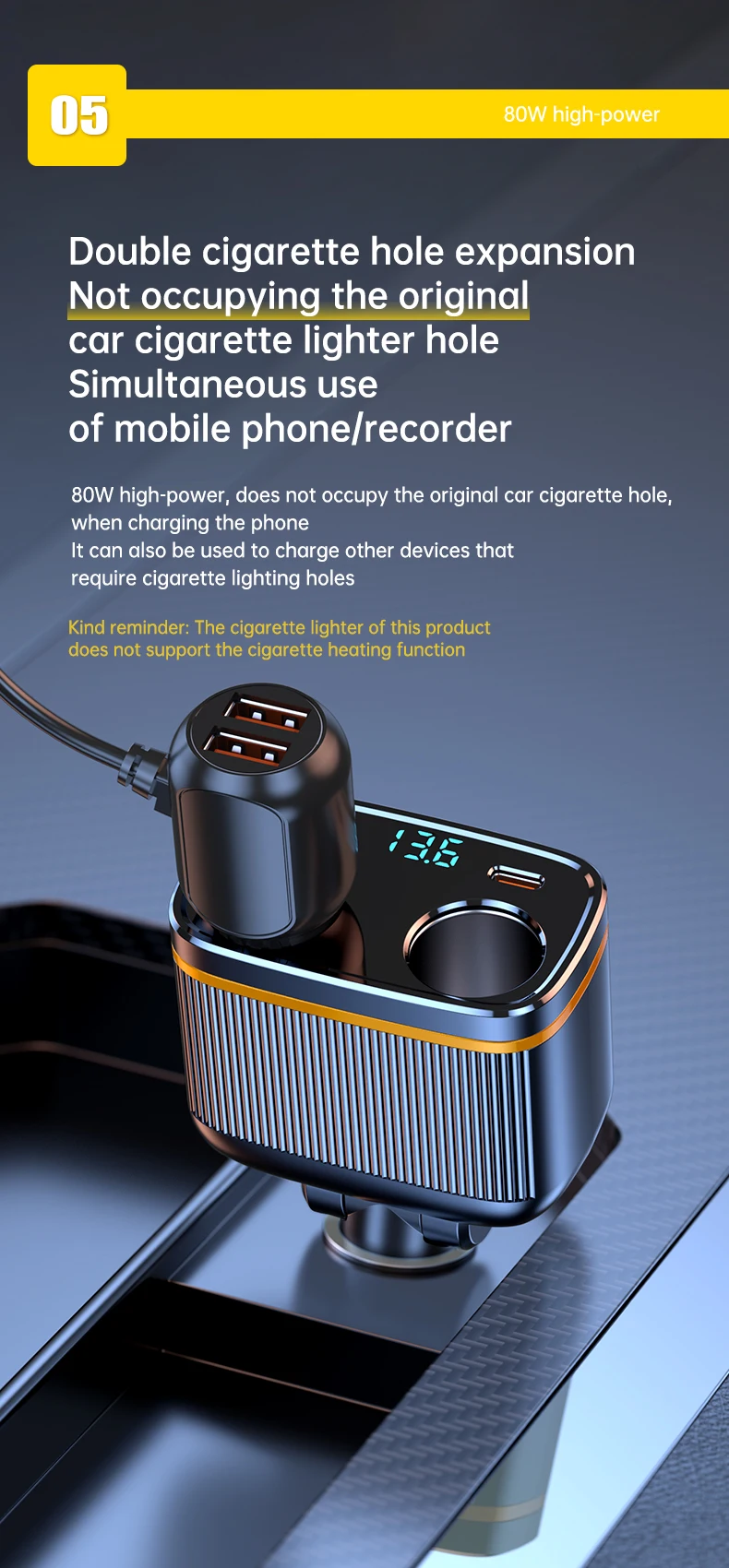 6 in 1 Cigarette Lighter Splitter 145W USB C Car Charger 4 Ports PD30W Car Charg