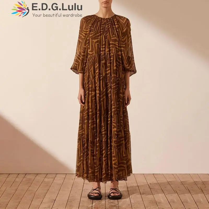

EDGLuLu Vacation Outfits For Women 2023 Lantern Sleeve Retro Stripe Print Long Dress Bohemian Loose Lace-Up Maxi Dress 1006