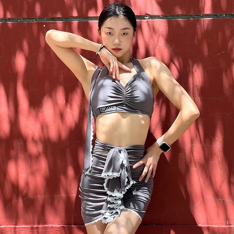 

Summer Latin Dance Clothes Women Practice Training Suit Lace Up Tops Skirt Cha Cha Rumba Samba Dance Performance Costume NV18220