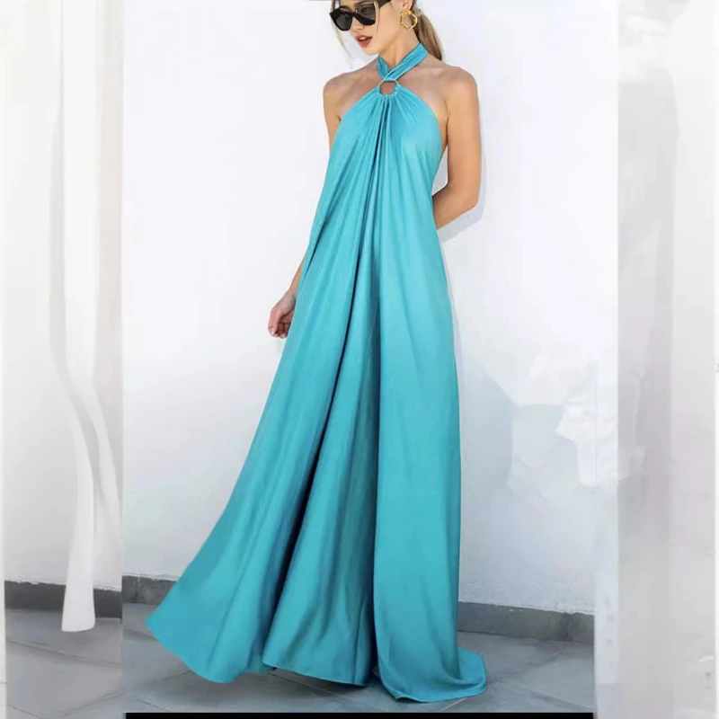 New Women's Sleeveless Loose Dress Sexy Back Strap Halter Solid Color Party Evening Dress 24835