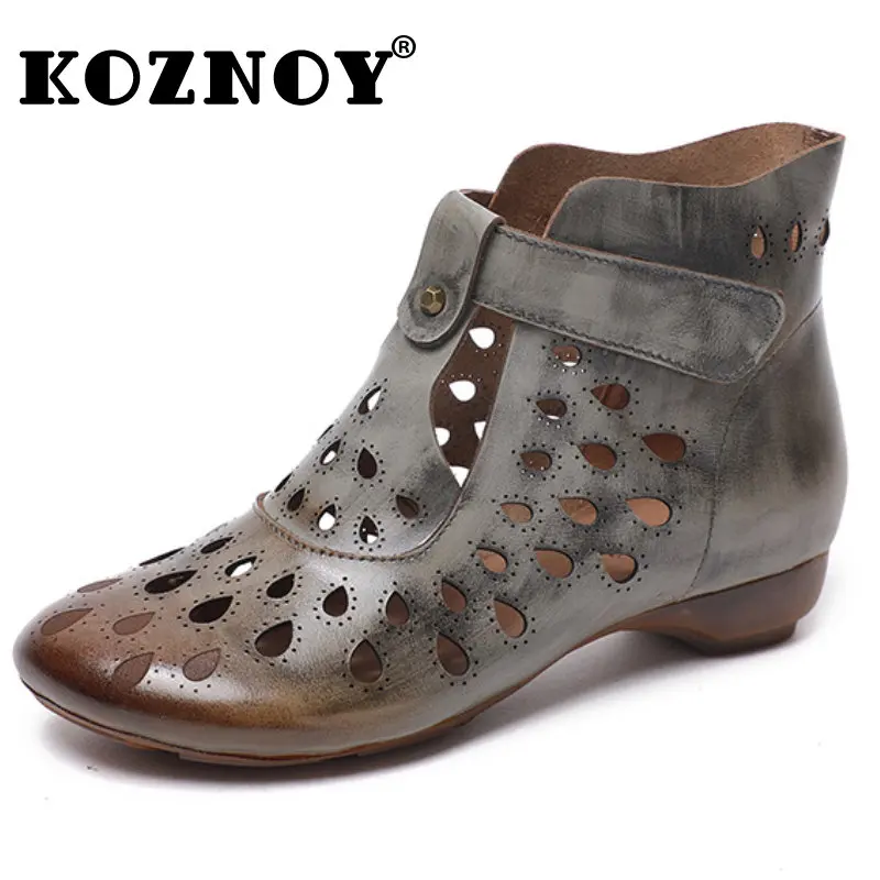 

Koznoy Women Mid Calf Boots 2cm Genuine Leather Hollow Hook Ankle Summer Breathable Moccasins Designer New In Boots Ethnic Shoes