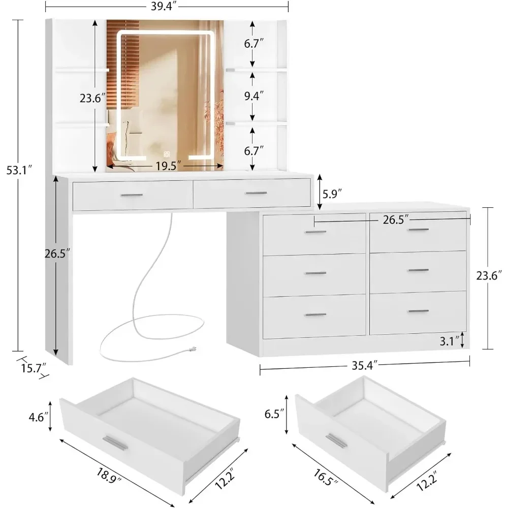 Items Makeup Dressing Table Box Container Drawer Nordic Organizer Dressing Table Mirrors With LED Lighted Mirror & Power Outlet Modern Corner Makeup Vanity Table Dressing Table for Bedroom Makeup Room