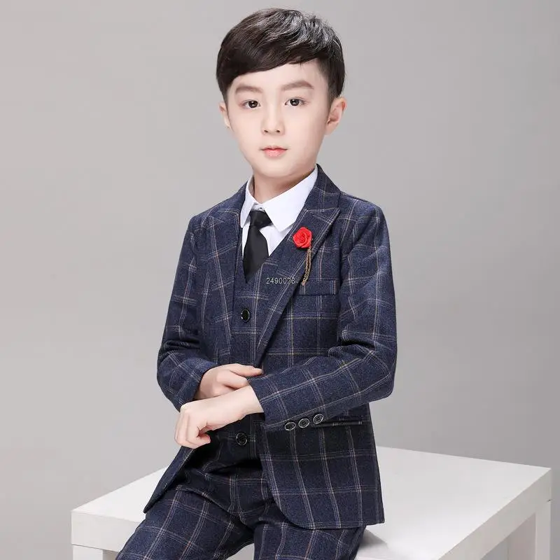 

Wedding Suit For Boys Kids Luxurious Plaid Jakcet Vest Pants Birthday Suit Children Photograph Dress Performance Tuxedo Costume