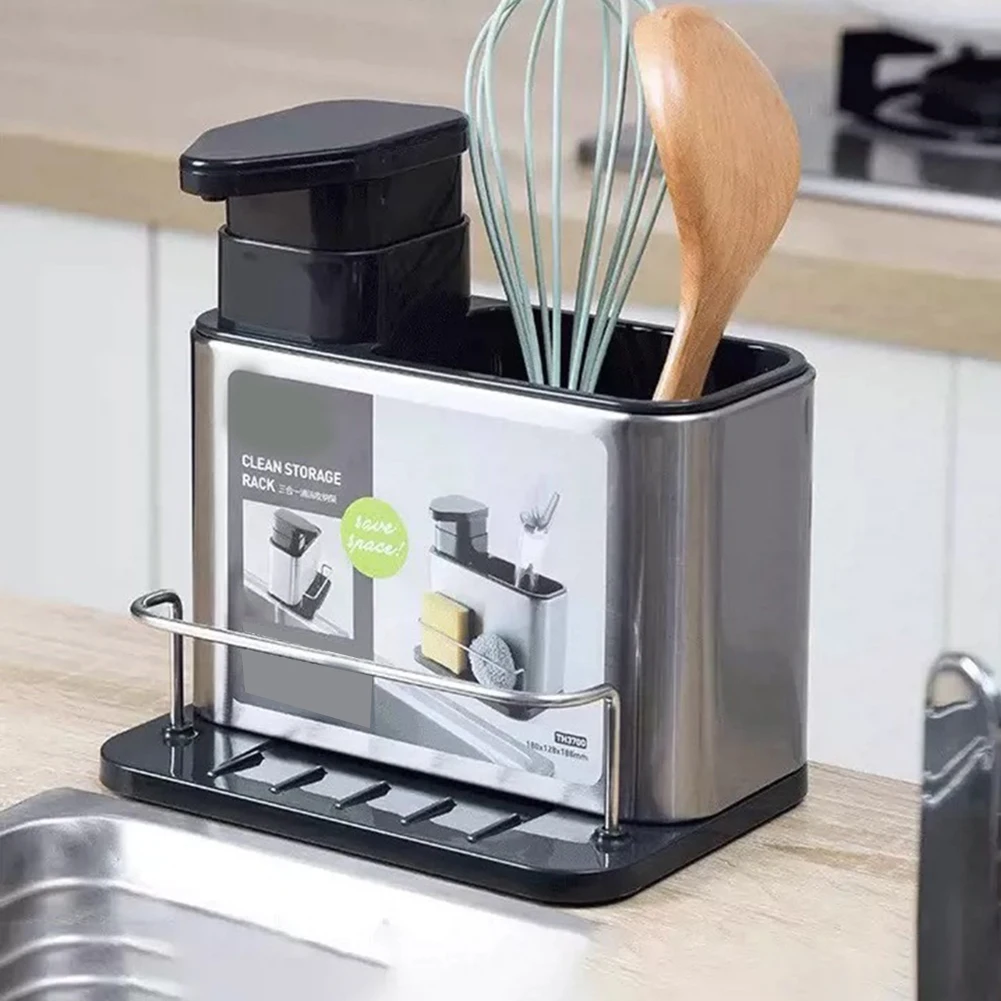 3-In-1 Kitchen Soap Dispenser Sponge Holder Stainless Steel Sink Organizer Rack Sink Organizer Tray Drainer Rack Rustproof