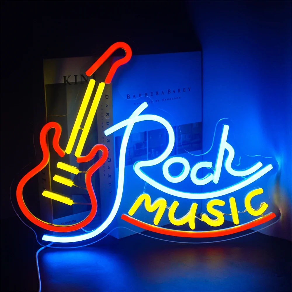 Guitar Neon Sign For Wall Decor Rock And Roll Live Music Dimmable