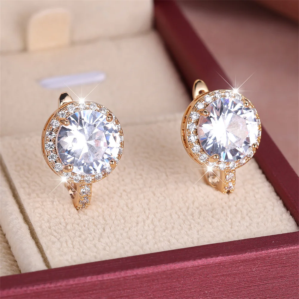 Charm White Zircon Round Stone Small Hoop Earrings For Women Vintage Gold Color Ear Buckle Wedding Jewelry Engagement Party Gift