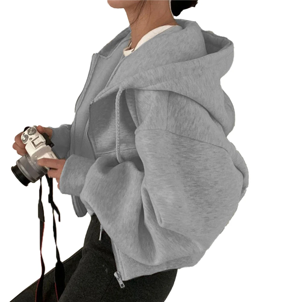 

Women Autumn Winter Warm Loose Pocket Long Sleeve Zip Up Hooded Sweatshirts Hoodies Coat Tops Korean Solid Female Short Hoodie
