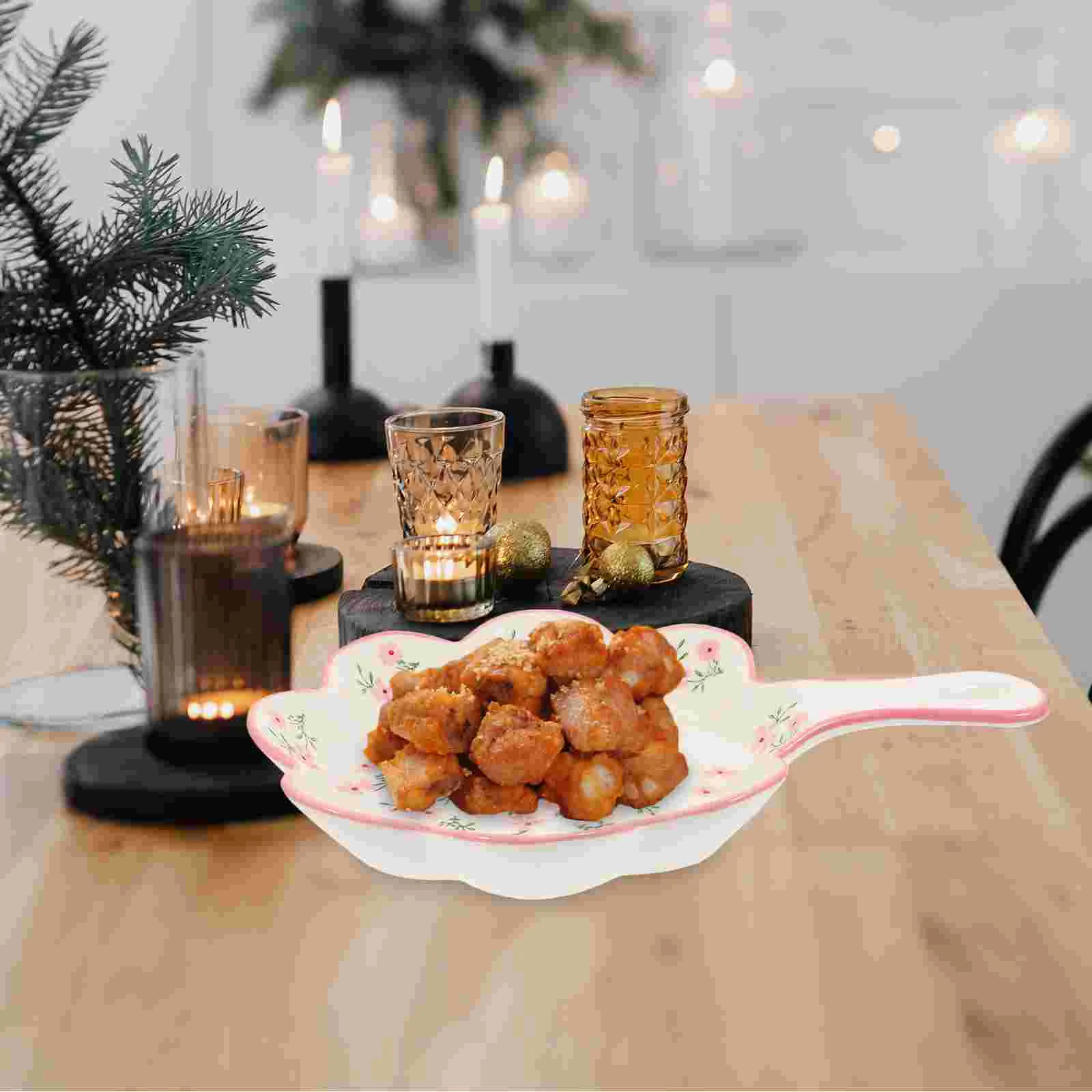 

Snack Tray Ceramic Food Fruit Dish with Handle Salad Tray Dessert Serving Plate Dinner Plate