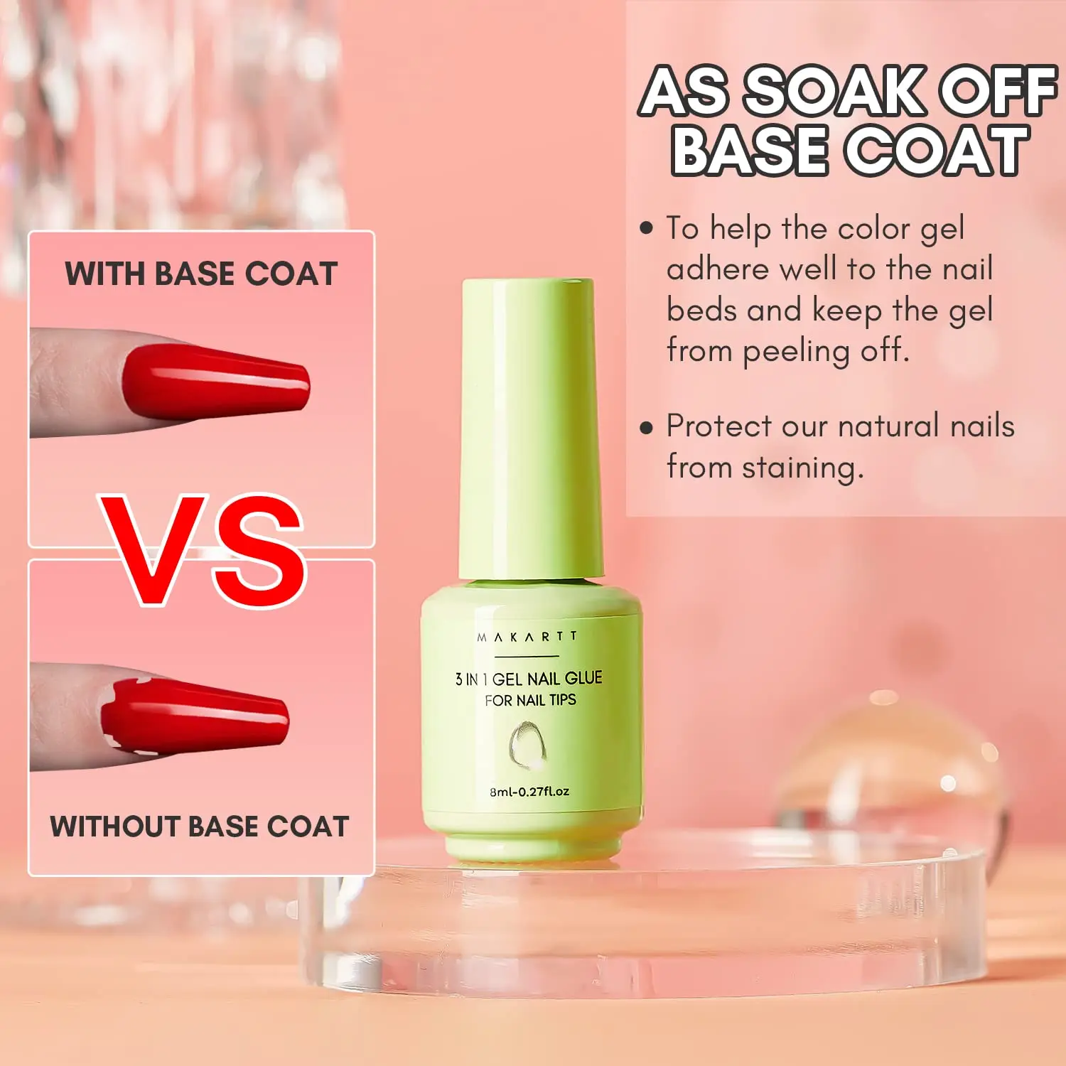Makartt Nail Glue Gel and Top Coat 3 in 1 Gel Glue Nails Base No-Wipe Top Coat Glossy Shine Curing