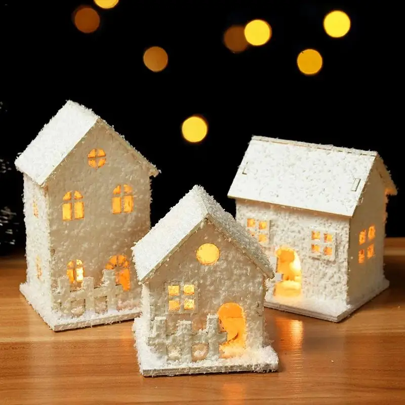 1pc Christmas Ornaments LED Lights Wooden House Luminous Cabin With Snow Christmas Decorations For Home New Year 2023 Xmas Gifts