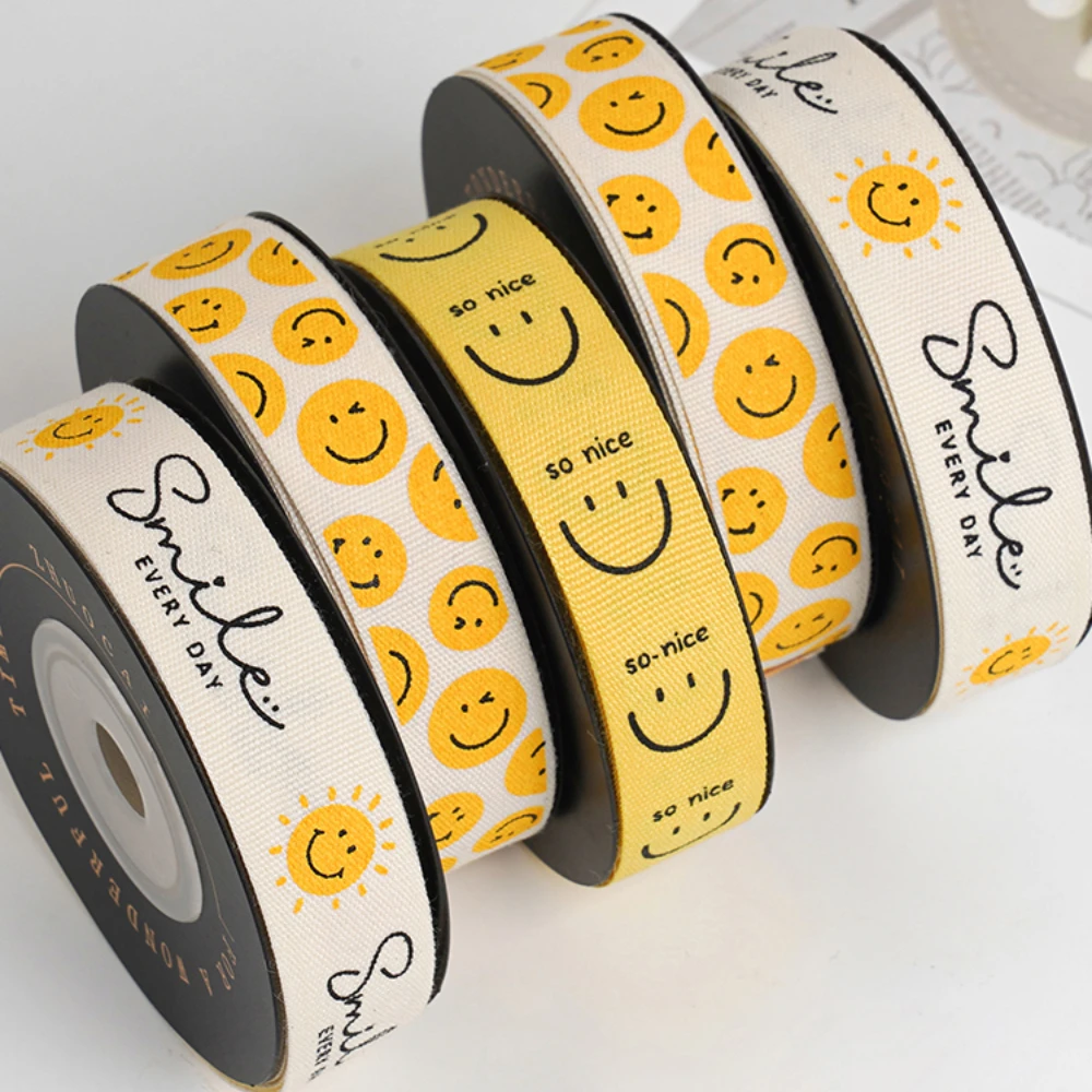 9 Meter 16MM Smiley Face Printed Webbed Korean Small Flower Clothing Accessories Polyester Ribbon HANDMADE Hair DIY Lace ribbon decoration ribbon supplies polyester ribbon