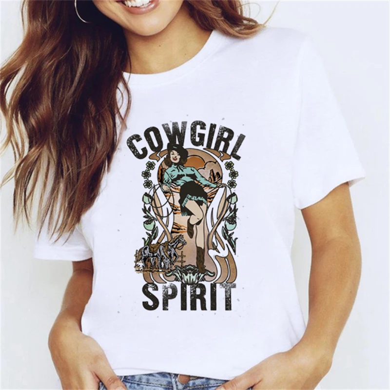 

Футболка Cowgilrs в западном стиле, милые женские летние футболки с графическим рисунком, модная футболка, одежда с принтом, повседневные футболки с коротким рукавом