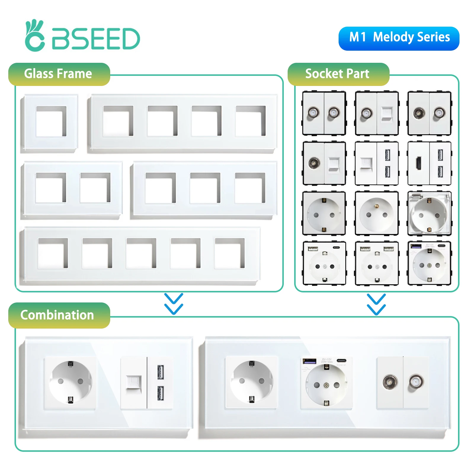 BSEED EU Standard Wall Socket with USB RJ45 TV Satellite Plug Glass Panel DIY Free Combination Function Part for Home Automation 1
