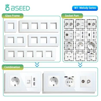 BSEED EU Standard Wall Socket with USB RJ45 TV Satellite Plug Glass Panel DIY Free Combination Function Part for Home Automation 1