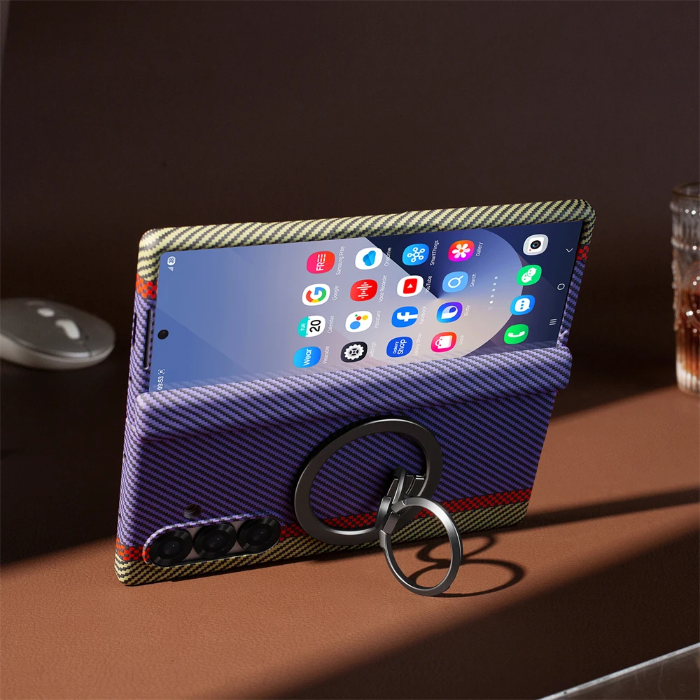 Carbon Fiber Texture Magsafe Case with Outer Screen Glass and Wireless Charging Hinge Holder