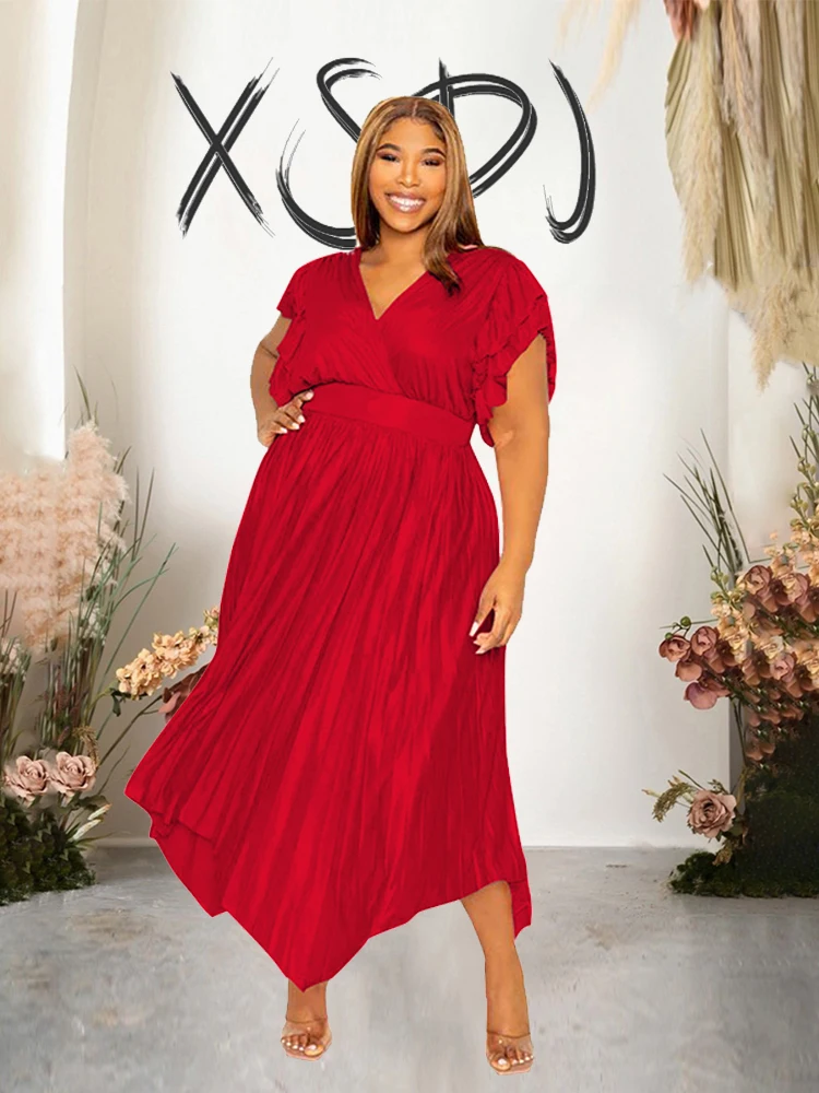 

Plus Size Women Summer Sexy Pleated Satin Dress with Sleeves Elegant Dress for Chubby Long Soft Dresses Wholesale Dropshipping