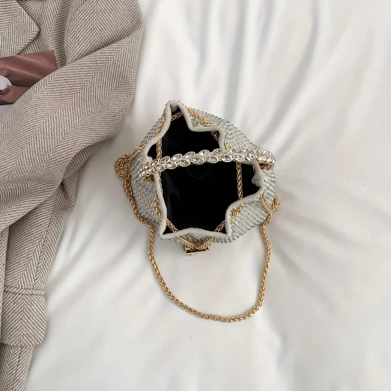 Elegant Women Chain Crossbody Bag Solid Color Rhinestone Glittering Satchel Bag Drawstring Shinny Sling Purse Dinner Party Bag